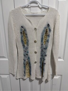Women’s Cream Button-Front Knit Sweater with Blue and Gold Accents